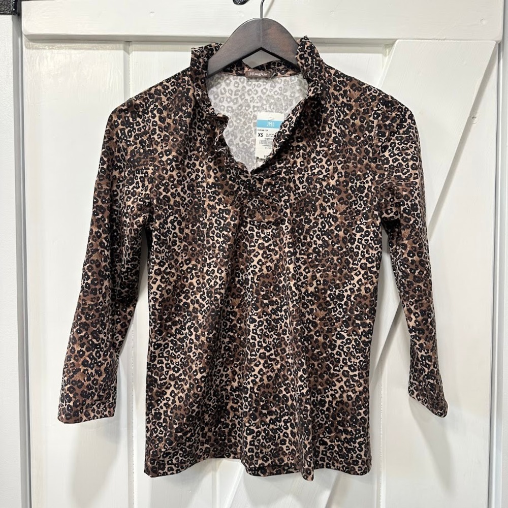 J.McLaughlin Womens Durham Top XS Cheetah Print Ruffle Neck 3/4 Sleeve Brown NEW